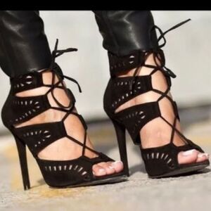 Zara Woman Black Suede Laser Cut Lace Up Heels Sz 38/7.5